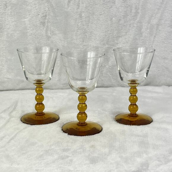 Libbey Knob Hill Amber Cordial Glasses Set Of 3 5.25" Mid Century Beaded Stem - Picture 1 of 7